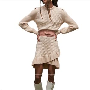 Anthropologie L Ruffled Sweater Mini Dress NWT x Flat White Neutral Tan Beige